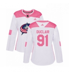 Womens Adidas Columbus Blue Jackets 91 Anthony Duclair Authentic White Pink Fashion NHL Jersey 