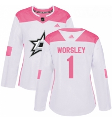 Womens Adidas Dallas Stars 1 Gump Worsley Authentic WhitePink Fashion NHL Jersey 