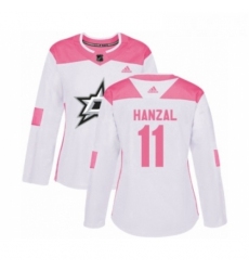 Womens Adidas Dallas Stars 11 Martin Hanzal Authentic White Pink Fashion NHL Jersey 