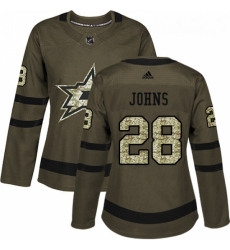 Womens Adidas Dallas Stars 28 Stephen Johns Authentic Green Salute to Service NHL Jersey 