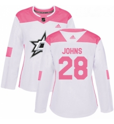 Womens Adidas Dallas Stars 28 Stephen Johns Authentic WhitePink Fashion NHL Jersey 