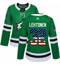 Womens Adidas Dallas Stars 32 Kari Lehtonen Authentic Green USA Flag Fashion NHL Jersey 