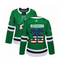 Womens Adidas Dallas Stars 35 Anton Khudobin Authentic Green USA Flag Fashion NHL Jersey 