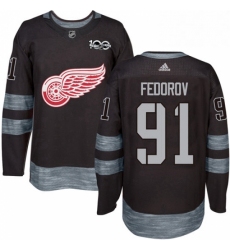 Mens Adidas Detroit Red Wings 91 Sergei Fedorov Authentic Black 1917 2017 100th Anniversary NHL Jersey 