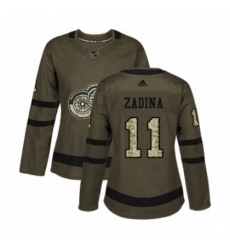 Womens Adidas Detroit Red Wings 11 Filip Zadina Authentic Green Salute to Service NHL Jersey 