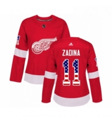 Womens Adidas Detroit Red Wings 11 Filip Zadina Authentic Red USA Flag Fashion NHL Jersey 