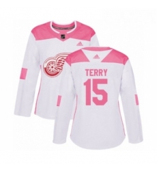 Womens Adidas Detroit Red Wings 15 Chris Terry Authentic White Pink Fashion NHL Jersey 