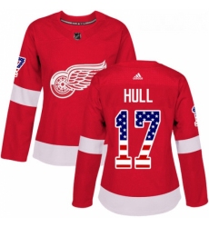 Womens Adidas Detroit Red Wings 17 Brett Hull Authentic Red USA Flag Fashion NHL Jersey 