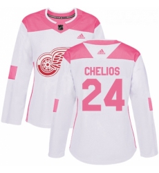 Womens Adidas Detroit Red Wings 24 Chris Chelios Authentic WhitePink Fashion NHL Jersey 