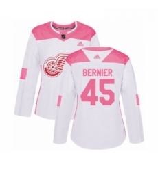 Womens Adidas Detroit Red Wings 45 Jonathan Bernier Authentic White Pink Fashion NHL Jersey 