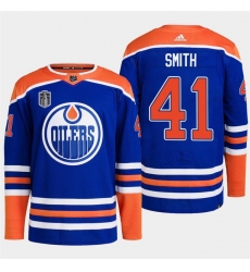 Men Edmonton Oilers 41 Mike Smith Royal 2024 Stanley Cup Final Patch Stitched Jersey