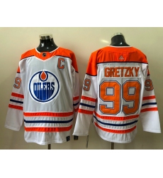 Men Edmonton Oilers Wayne Gretzky 99 White Orange 2020 21 Reverse Retro Adidas Jersey