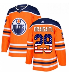 Mens Adidas Edmonton Oilers 29 Leon Draisaitl Authentic Orange USA Flag Fashion NHL Jersey 