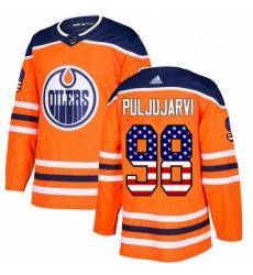 Mens Adidas Edmonton Oilers 98 Jesse Puljujarvi Authentic Orange USA Flag Fashion NHL Jersey 