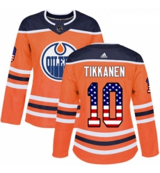 Womens Adidas Edmonton Oilers 10 Esa Tikkanen Authentic Orange USA Flag Fashion NHL Jersey 