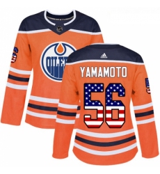 Womens Adidas Edmonton Oilers 56 Kailer Yamamoto Authentic Orange USA Flag Fashion NHL Jersey 