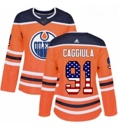 Womens Adidas Edmonton Oilers 91 Drake Caggiula Authentic Orange USA Flag Fashion NHL Jersey 