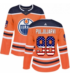 Womens Adidas Edmonton Oilers 98 Jesse Puljujarvi Authentic Orange USA Flag Fashion NHL Jersey 