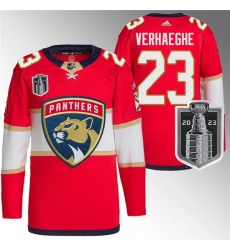 Men Florida Panthers 23 Carter Verhaeghe Red 2023 Stanley Cup Final Stitched Jersey
