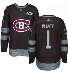 Mens Adidas Montreal Canadiens 1 Jacques Plante Authentic Black 1917 2017 100th Anniversary NHL Jersey 