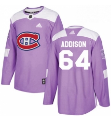 Mens Adidas Montreal Canadiens 64 Jeremiah Addison Authentic Purple Fights Cancer Practice NHL Jersey 