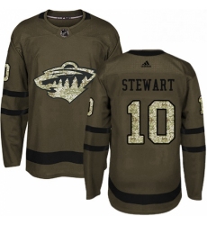 Mens Adidas Minnesota Wild 10 Chris Stewart Authentic Green Salute to Service NHL Jersey 