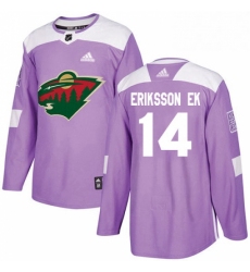 Mens Adidas Minnesota Wild 14 Joel Eriksson Ek Authentic Purple Fights Cancer Practice NHL Jersey 