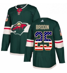 Mens Adidas Minnesota Wild 25 Jonas Brodin Authentic Green USA Flag Fashion NHL Jersey 