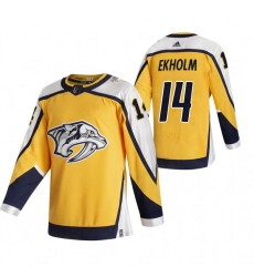 Men Nashville Predators 14 Mattias Ekholm Yellow Adidas 2020 21 Reverse Retro Alternate NHL Jersey