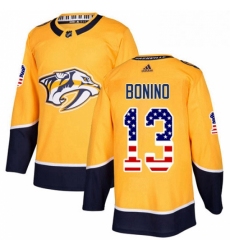 Mens Adidas Nashville Predators 13 Nick Bonino Authentic Gold USA Flag Fashion NHL Jersey 