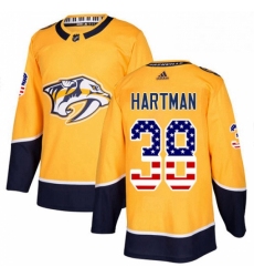 Mens Adidas Nashville Predators 38 Ryan Hartman Authentic Gold USA Flag Fashion NHL Jersey 