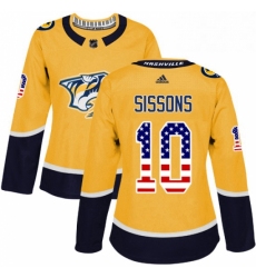 Womens Adidas Nashville Predators 10 Colton Sissons Authentic Gold USA Flag Fashion NHL Jersey 