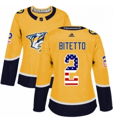 Womens Adidas Nashville Predators 2 Anthony Bitetto Authentic Gold USA Flag Fashion NHL Jersey 