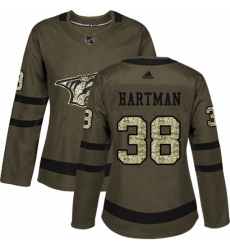 Womens Adidas Nashville Predators 38 Ryan Hartman Authentic Green Salute to Service NHL Jersey 