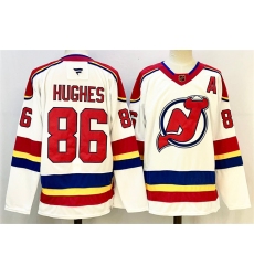 Men New Jersey Devils 86 Jack Hughes White Red 2024 25 With A Patch Stitched Hockey Jersey