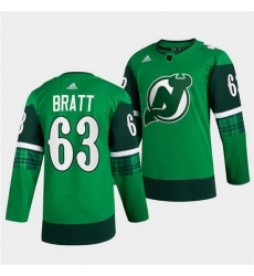 Men New jerseyy Devils 63 Jesper Bratt Green Warm Up St Patricks Day Stitched jersey