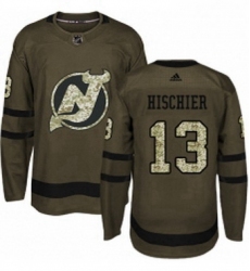 Mens Adidas New Jersey Devils 13 Nico Hischier Authentic Green Salute to Service NHL Jersey 