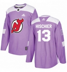 Mens Adidas New Jersey Devils 13 Nico Hischier Authentic Purple Fights Cancer Practice NHL Jersey 