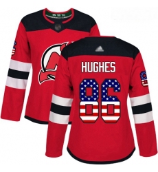 Devils #86 Jack Hughes Red Home Authentic USA Flag Women Stitched Hockey Jersey