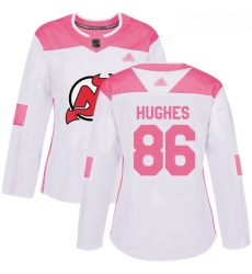 Devils #86 Jack Hughes White Pink Authentic Fashion Women Stitched Hockey Jersey