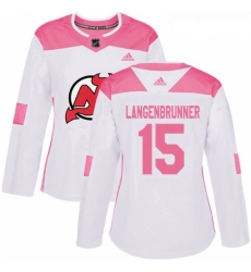 Womens Adidas New Jersey Devils 15 Jamie Langenbrunner Authentic WhitePink Fashion NHL Jersey 