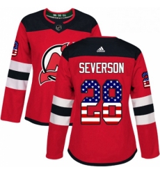 Womens Adidas New Jersey Devils 28 Damon Severson Authentic Red USA Flag Fashion NHL Jersey 