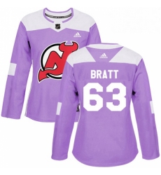 Womens Adidas New Jersey Devils 63 Jesper Bratt Authentic Purple Fights Cancer Practice NHL Jersey 
