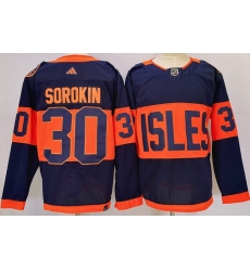 Men New York Islanders 30 Ilya Sorokin Navy 2024 With Stadium Series Patch Stitched Jersey