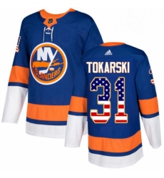 Mens Adidas New York Islanders 31 Dustin Tokarski Authentic Royal Blue USA Flag Fashion NHL Jersey 