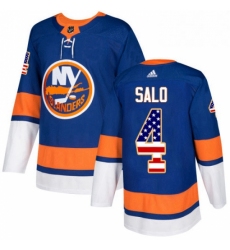 Mens Adidas New York Islanders 4 Robin Salo Authentic Royal Blue USA Flag Fashion NHL Jersey 