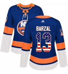 Womens Adidas New York Islanders 13 Mathew Barzal Authentic Royal Blue USA Flag Fashion NHL Jersey 
