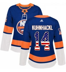 Womens Adidas New York Islanders 14 Tom Kuhnhackl Authentic Royal Blue USA Flag Fashion NHL Jersey 