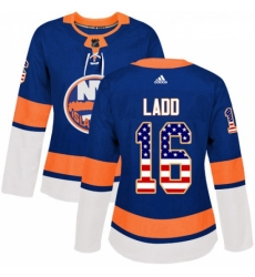 Womens Adidas New York Islanders 16 Andrew Ladd Authentic Royal Blue USA Flag Fashion NHL Jersey 
