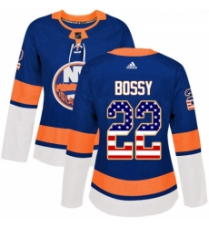 Womens Adidas New York Islanders 22 Mike Bossy Authentic Royal Blue USA Flag Fashion NHL Jersey 